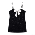 Women's Black Sequin Camisole Dress Large White Bow Decor Sleeveless Mini Dress Elegant Party Cocktail Dress For Girls Young Women A-Line Bodycon Evening Wear