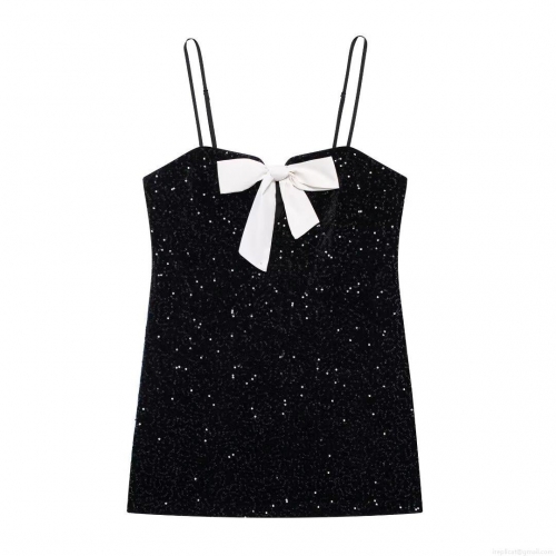 Women's Black Sequin Camisole Dress Large White Bow Decor Sleeveless Mini Dress Elegant Party Cocktail Dress For Girls Young Women A-Line Bodycon Evening Wear