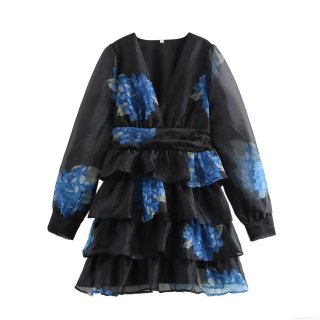 Women's French Elegant V-Neck Long Sleeve Floral Organza Mini Dress Ruffled Layered High Waist Black Blue Flower Print Chiffon A-Line Short Dress For Party Vacation