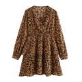 Women's French Vintage Leopard Print V-Neck Long Sleeve Mini Dress Elegant High Waist Ruffle Hem Polyester Chiffon Dress For Party Date Casual