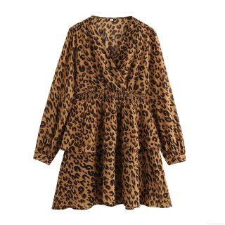 Women's French Vintage Leopard Print V-Neck Long Sleeve Mini Dress Elegant High Waist Ruffle Hem Polyester Chiffon Dress For Party Date Casual