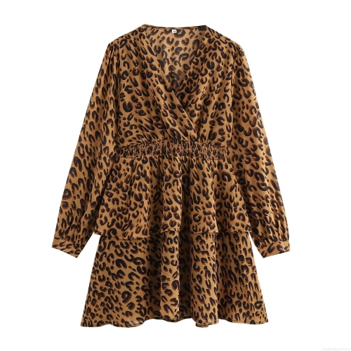 Women's French Vintage Leopard Print V-Neck Long Sleeve Mini Dress Elegant High Waist Ruffle Hem Polyester Chiffon Dress For Party Date Casual
