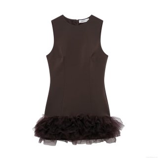 Sexy Sleeveless Mesh Layered Mini Dress Solid Coffee Brown Polyester Tulle Ruffle Bodycon Dress for Party Club Night Out Women Summer Fall Slim High Waist