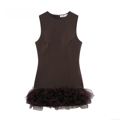 Sexy Sleeveless Mesh Layered Mini Dress Solid Coffee Brown Polyester Tulle Ruffle Bodycon Dress for Party Club Night Out Women Summer Fall Slim High Waist