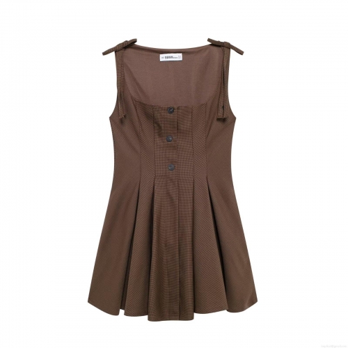 Vintage Brown Plaid Camisole Mini Dress For Women Retro Square Neck Bow Tie Shoulder Straps Buttons Pleated A-Line Slim Fit Polyester Sleeveless Temperament Short Dress