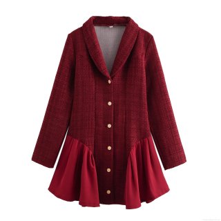 Elegant Wine Red Tweed V-Neck Spliced Ruffle Hem Mini Dress With Gold Buttons Long Sleeve Slim Fit Short Party Dress For Women