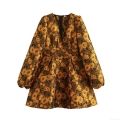 Elegant Gold Floral Jacquard V-Neck Long Sleeve Mini Dress Retro High Waist Puffy Party Dress for Women Polyester Occasion Prom Dress