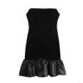 Women Sexy Black Velvet Tube Top Mini Dress Strapless Bodycon Party Evening Dress With Satin Ruffle Hem Back Zipper For Women Elegant Prom Clubwear