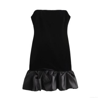 Women Sexy Black Velvet Tube Top Mini Dress Strapless Bodycon Party Evening Dress With Satin Ruffle Hem Back Zipper For Women Elegant Prom Clubwear