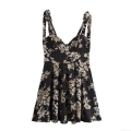 French Vintage Floral Print Camisole Dress Sleeveless High Waist Pleated Mini Dress With Adjustable Bow Shoulder Straps For Women Summer Elegant A-Line Short Sundress