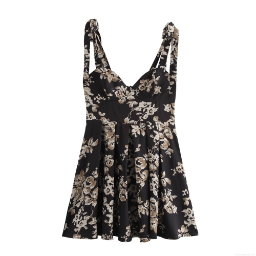 French Vintage Floral Print Camisole Dress Sleeveless High Waist Pleated Mini Dress With Adjustable Bow Shoulder Straps For Women Summer Elegant A-Line Short Sundress