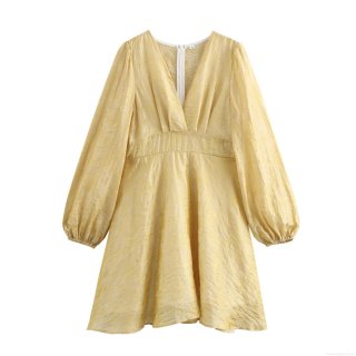 Women's Elegant V-Neck Polyester Jacquard Mini Dress Vintage Lantern Sleeve High Waist A-Line Cocktail Party Short Dress Yellow