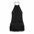 Sexy Black Halter Backless Mini Dress With Faux Fur Hem Polyester Bodycon Spliced Sleeveless Dress With Metal Buckle For Women Evening Party