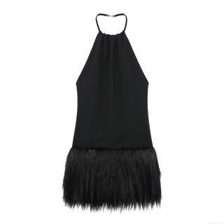 Sexy Black Halter Backless Mini Dress With Faux Fur Hem Polyester Bodycon Spliced Sleeveless Dress With Metal Buckle For Women Evening Party