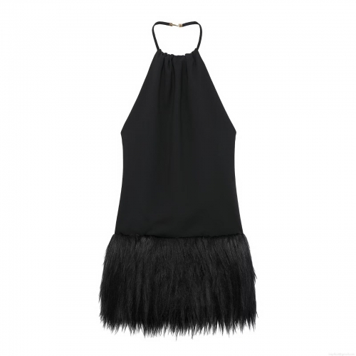 Sexy Black Halter Backless Mini Dress With Faux Fur Hem Polyester Bodycon Spliced Sleeveless Dress With Metal Buckle For Women Evening Party