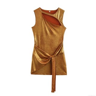 Women's Sexy Metallic Luster Bodycon Mini Dress Hollow Out Shoulder Knot Waist Sleeveless Party Evening Clubwear Dress For Women