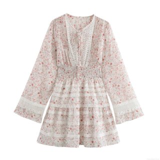 French Vintage Floral Chiffon Mini Dress For Women Elegant Lace Patchwork V-Neck Long Sleeve Ruffle Dress With Bow Tie A-Line Party Dress