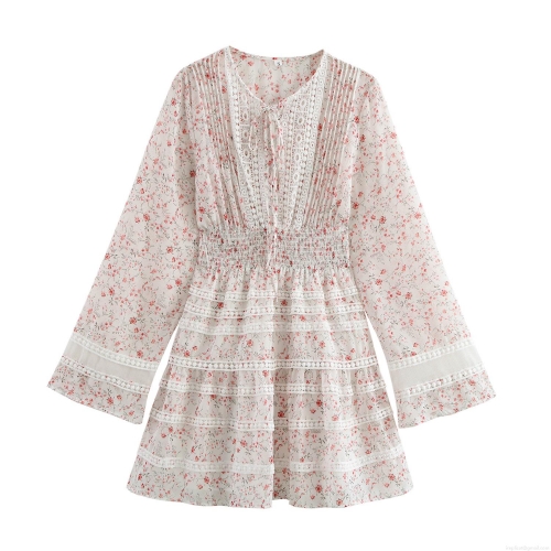 French Vintage Floral Chiffon Mini Dress For Women Elegant Lace Patchwork V-Neck Long Sleeve Ruffle Dress With Bow Tie A-Line Party Dress