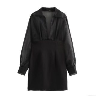 Women Sexy V Neck Organza Patchwork Bodycon Dress Elegant Mesh Long Sleeve Mini Pencil Skirt For Party Dating Evening Women Clothing