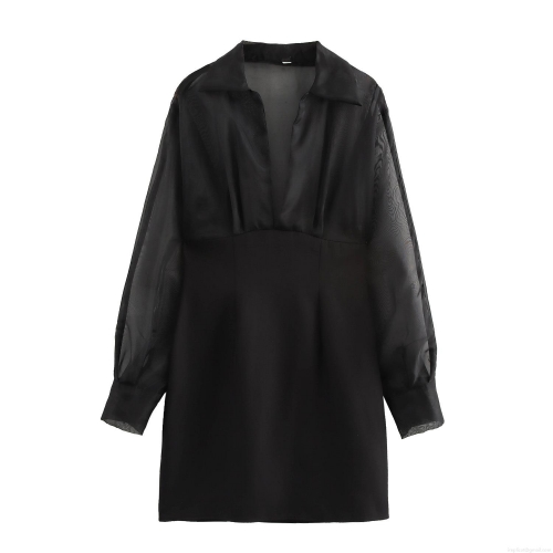 Women Sexy V Neck Organza Patchwork Bodycon Dress Elegant Mesh Long Sleeve Mini Pencil Skirt For Party Dating Evening Women Clothing