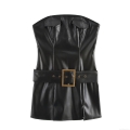 Women Sexy Black PU Leather Strapless Mini Dress with Wide Belt Gold Buckle Sleeveless Bodycon Slim Fit Party Club Evening Dress for Women Fashion Outfits