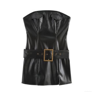 Women Sexy Black PU Leather Strapless Mini Dress with Wide Belt Gold Buckle Sleeveless Bodycon Slim Fit Party Club Evening Dress for Women Fashion Outfits