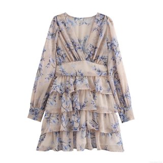 French Elegant Floral V Neck Long Sleeve Mini Dress For Women Polyester Chiffon Ruffle Layered Cake Skirt High Waist Party Holiday Dress