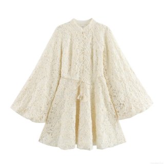 Women's French Elegant Lace Mini Dress With Pearl Buttons Stand Collar Long Flare Sleeve Tassel Belt High Waist A-Line Cocktail Party Dress For Ladies