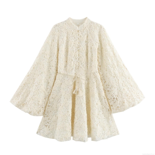 Women's French Elegant Lace Mini Dress With Pearl Buttons Stand Collar Long Flare Sleeve Tassel Belt High Waist A-Line Cocktail Party Dress For Ladies