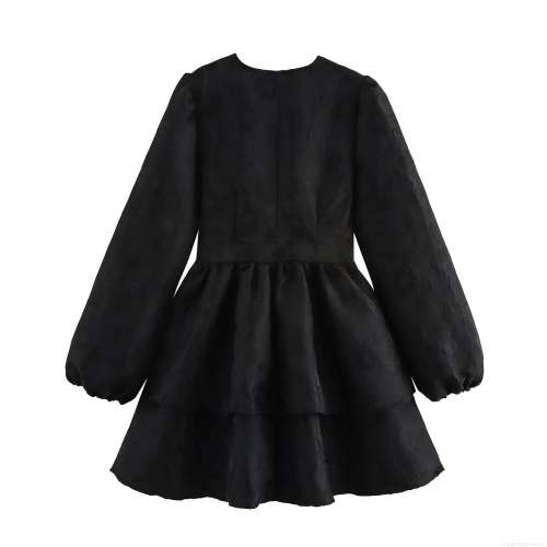 Elegant French V-Neck Embossed Jacquard Dress Women's Long Sleeve Slim Fit Layered A-Line Mini Dress For Party Banquet Daily Wear