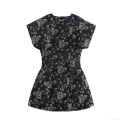 Elegant Women Black Rose Jacquard Mini Dress Vintage Puff Sleeve High Waist A-Line Cocktail Party Night Out Short Dresses Fashion Socialite Style