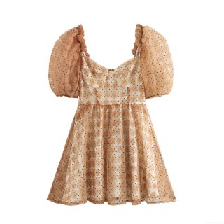 Women Sweet Elegant 3D Flower Mesh Mini Dress French Square Neck Puff Sleeve Waist Cinching Black Polka Dot Tulle Short Dress For Party Dating