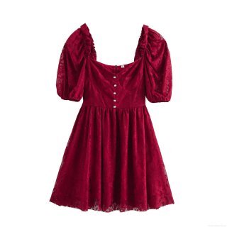 Women Elegant Red Lace Mini Dress Square Neck Puff Sleeve A-Line Dress With Pearl Buttons Rhinestone Decor For Party Evening Date Slim Fit