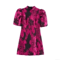 Women's Retro Elegant Jacquard Floral Dress Standing Collar Puff Sleeve A-Line Mini Dress Back Zipper Polyester Satin Cocktail Party Short Dress