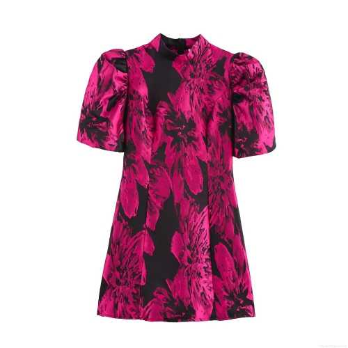 Women's Retro Elegant Jacquard Floral Dress Standing Collar Puff Sleeve A-Line Mini Dress Back Zipper Polyester Satin Cocktail Party Short Dress