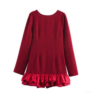 Women Elegant Dark Red Tweed Long Sleeve Backless Mini Dress Sweet Ruffle Hem Tiered Bubble Skirt Party Elegant Short Dress For Women