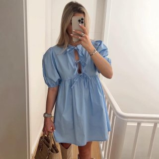 Women Sweet Puff Sleeve Mini Dress Tie Front Round Neck Loose Ruffled Babydoll Dress Summer Casual Plain Leopard Print A-Line Dress For Women