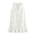 Sweet White Sleeveless V-Neck Mini Dress With 3D Bow Accent And Ruffle Hem Tweed Texture A-Line Dress For Women Summer Dating Party Elegant Baby Doll Clothing