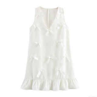 Sweet White Sleeveless V-Neck Mini Dress With 3D Bow Accent And Ruffle Hem Tweed Texture A-Line Dress For Women Summer Dating Party Elegant Baby Doll Clothing