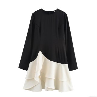 Women's Elegant Color Block Ruffle Mini Dress Round Neck Long Sleeve Sleeveless Tiered Hem Polyester Evening Party Short Dress