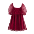 Women's Sweet Wine Red Heart Flocking Mesh Princess Dress Square Neck Puff Sleeve Short A-Line Dress For Valentine's Party Wedding Women Clothing