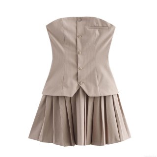 Women's Preppy Striped Tube Mini Dress Pleated Hem Faux Vest Design Sleeveless High Waist Polyester Dress For Party Summer