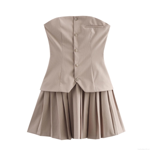 Women's Preppy Striped Tube Mini Dress Pleated Hem Faux Vest Design Sleeveless High Waist Polyester Dress For Party Summer