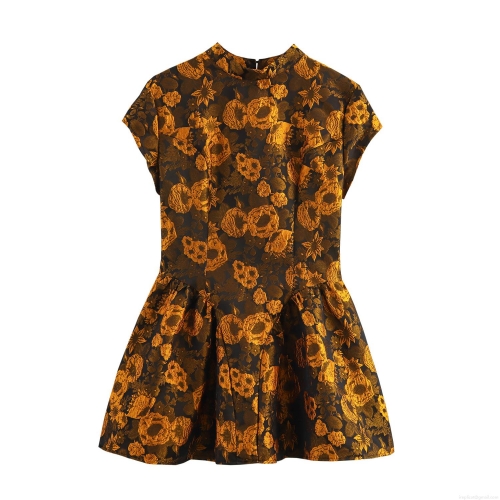 Women's Vintage Jacquard Backless Mini Dress High Stand Collar Short Sleeve Cinched Waist Puffy Skirt Elegant Floral Brocade Party Dress