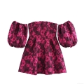 Women Sweet Jacquard Off-The-Shoulder Mini Dress Rose Red Floral Puff Sleeve High Waist A-Line Party Dress Elegant Summer Short Dress For Ladies