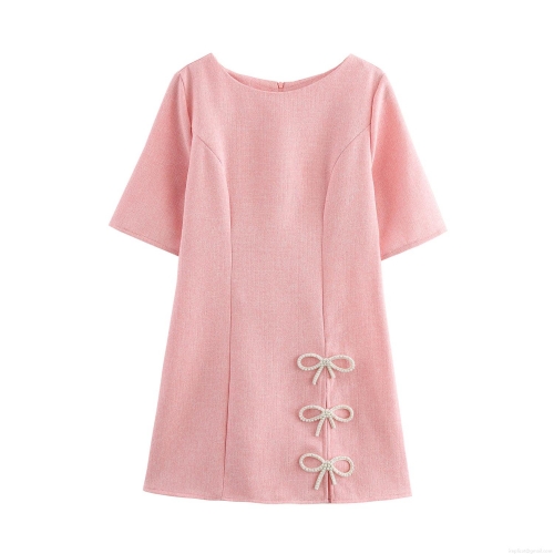Women's Elegant Pink Tweed Short Sleeve Dress Sweet Pearl Bow Decoration Round Neck A-Line Mini Dress For Party Dating Lady Bodycon Dress