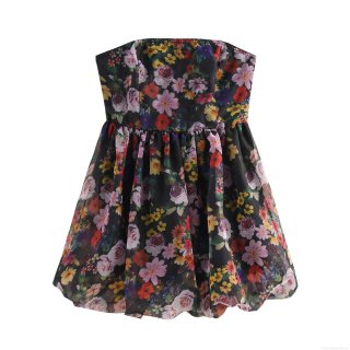 Women Sweet Floral Organza Tube Top Dress Strapless High Waist Puffy Mini Bubble Skirt Back Zipper Party Dresses