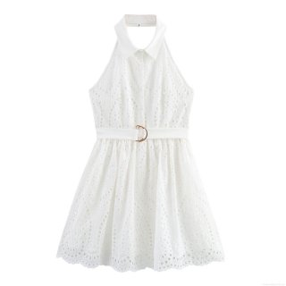 Women's Elegant White Lace Halter Dress Sleeveless Backless Embroidery Hollow Out Mini Dress With Belt Sexy High Waist Party Evening Dress