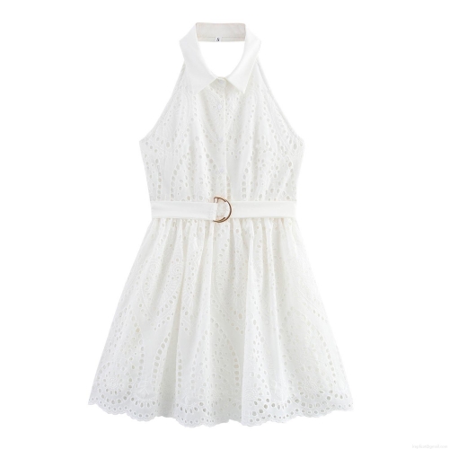 Women's Elegant White Lace Halter Dress Sleeveless Backless Embroidery Hollow Out Mini Dress With Belt Sexy High Waist Party Evening Dress