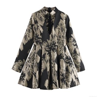 Elegant Jacquard Long Sleeve Dress Women V-Neck Hollow Out Waist Retro Puffy Mini Dress For Party Socialite Night Out Clothing